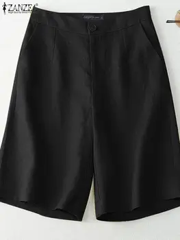 ZANZEA Moda Streetwear Harém Calça de Mulher Shorts Ocasionais de Verão Zíper Frontal Calças Femininas de Cor Sólida Vintage Calças Oversize